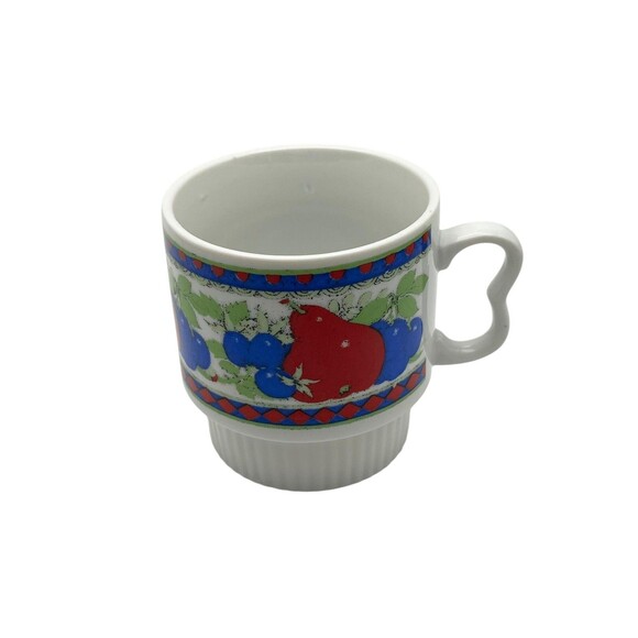 Vintage Japan Stackable Red Pear Blue Fruit Mug Heart Handle Retro Kitchen Boho - Picture 1 of 10